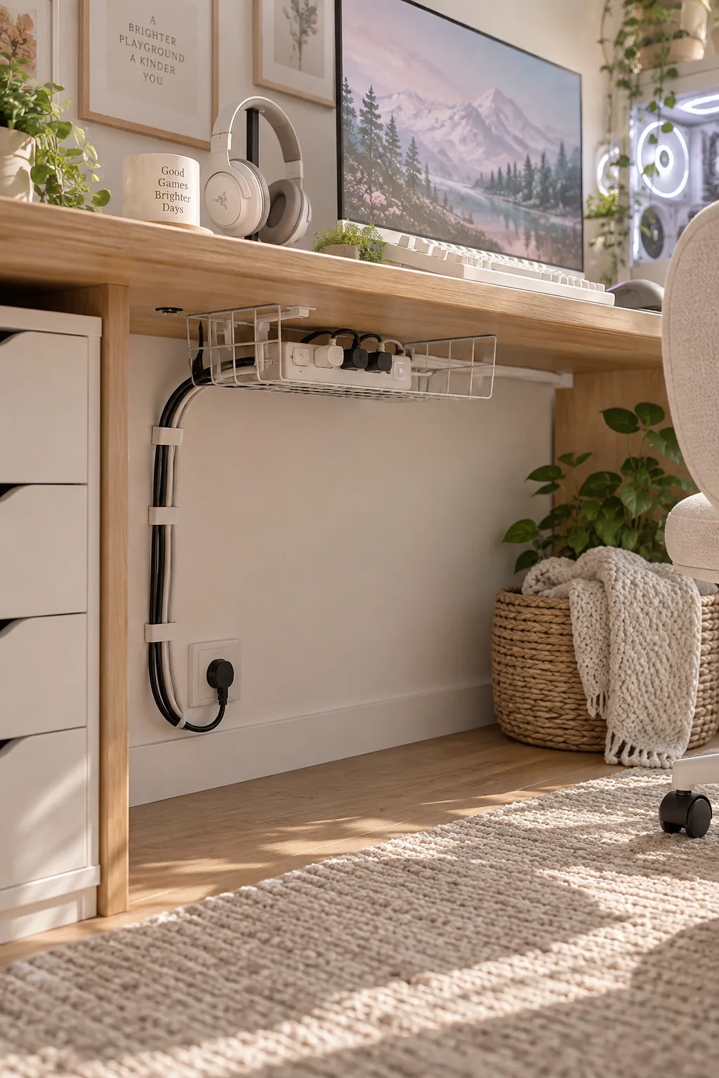 Wire management tray mounted under a wooden desk holding a power strip
