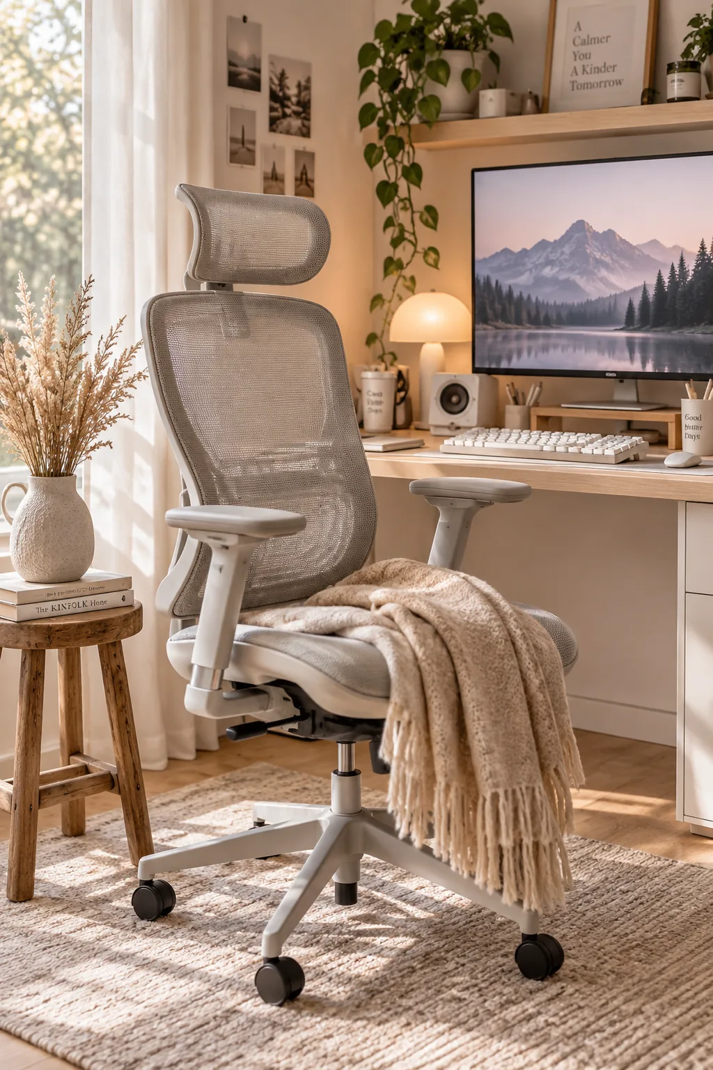 Ergonomic gray mesh office chair pulled up to a gaming desk