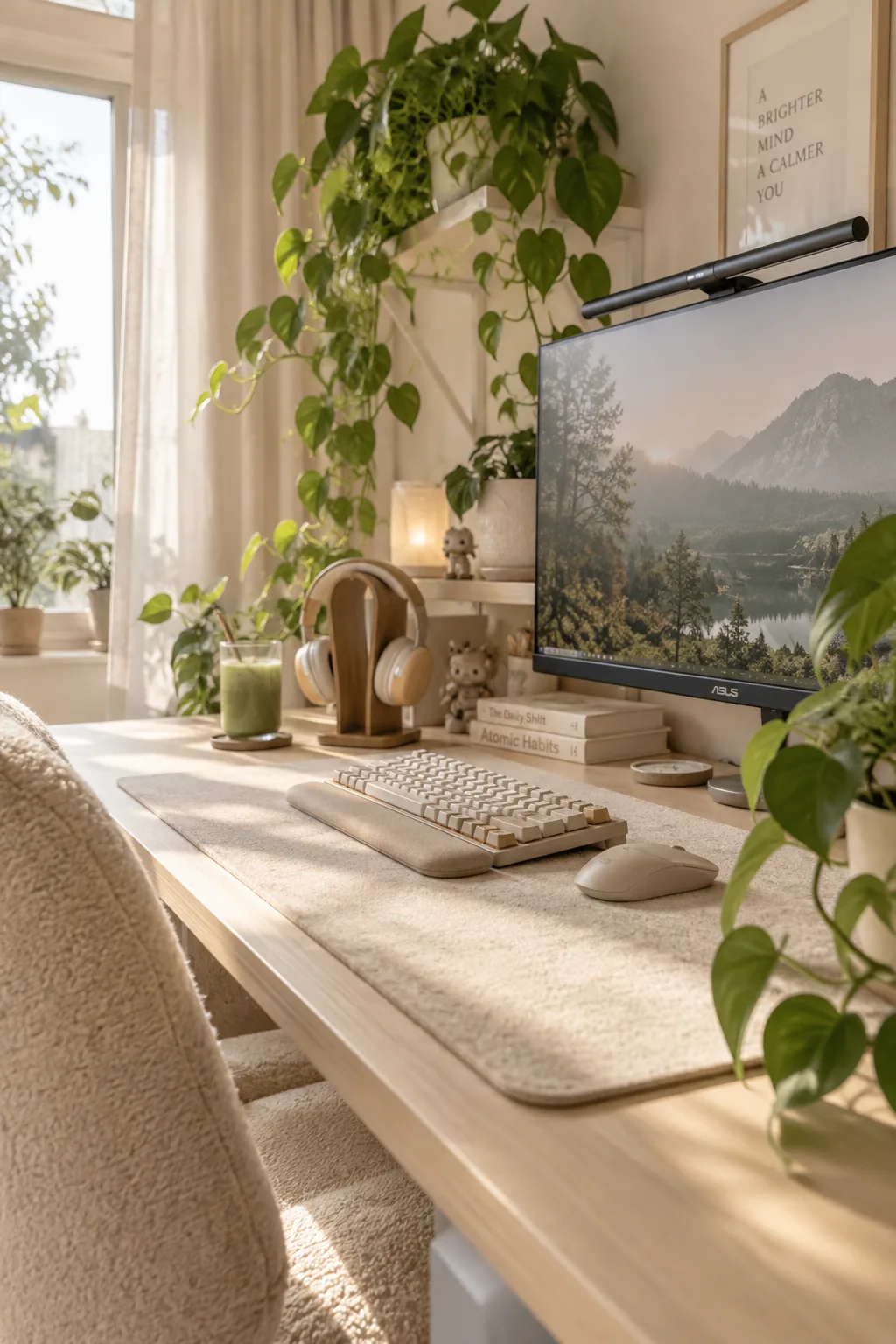 Gaming setup featuring a wool desk mat and trailing potted plants