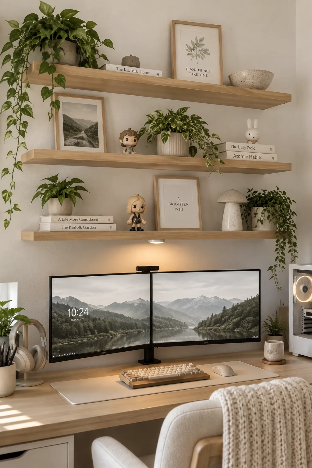 Floating wood shelves with collectibles mounted above a gaming monitor