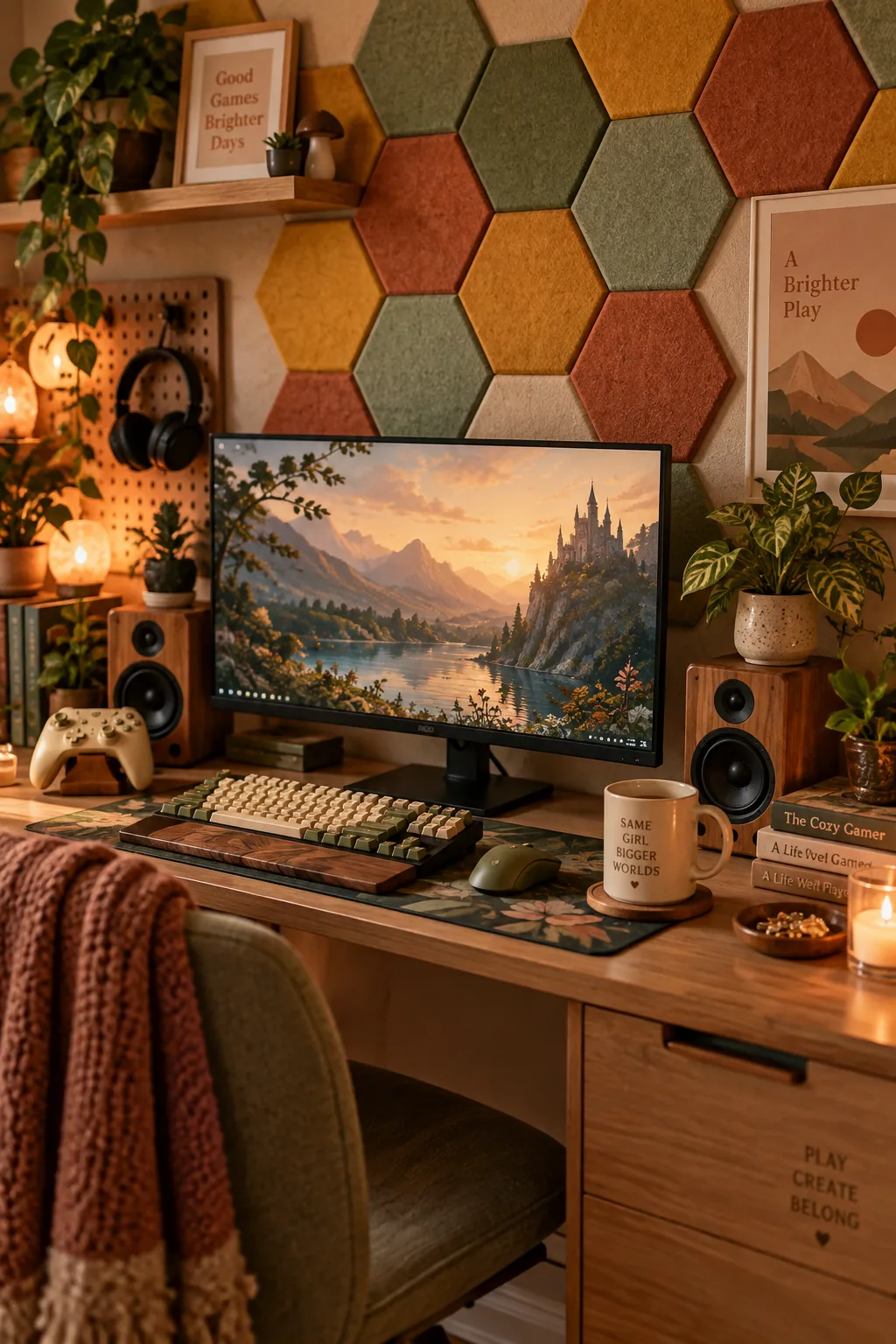 Geometric gray felt acoustic panels arranged on the wall behind a desk