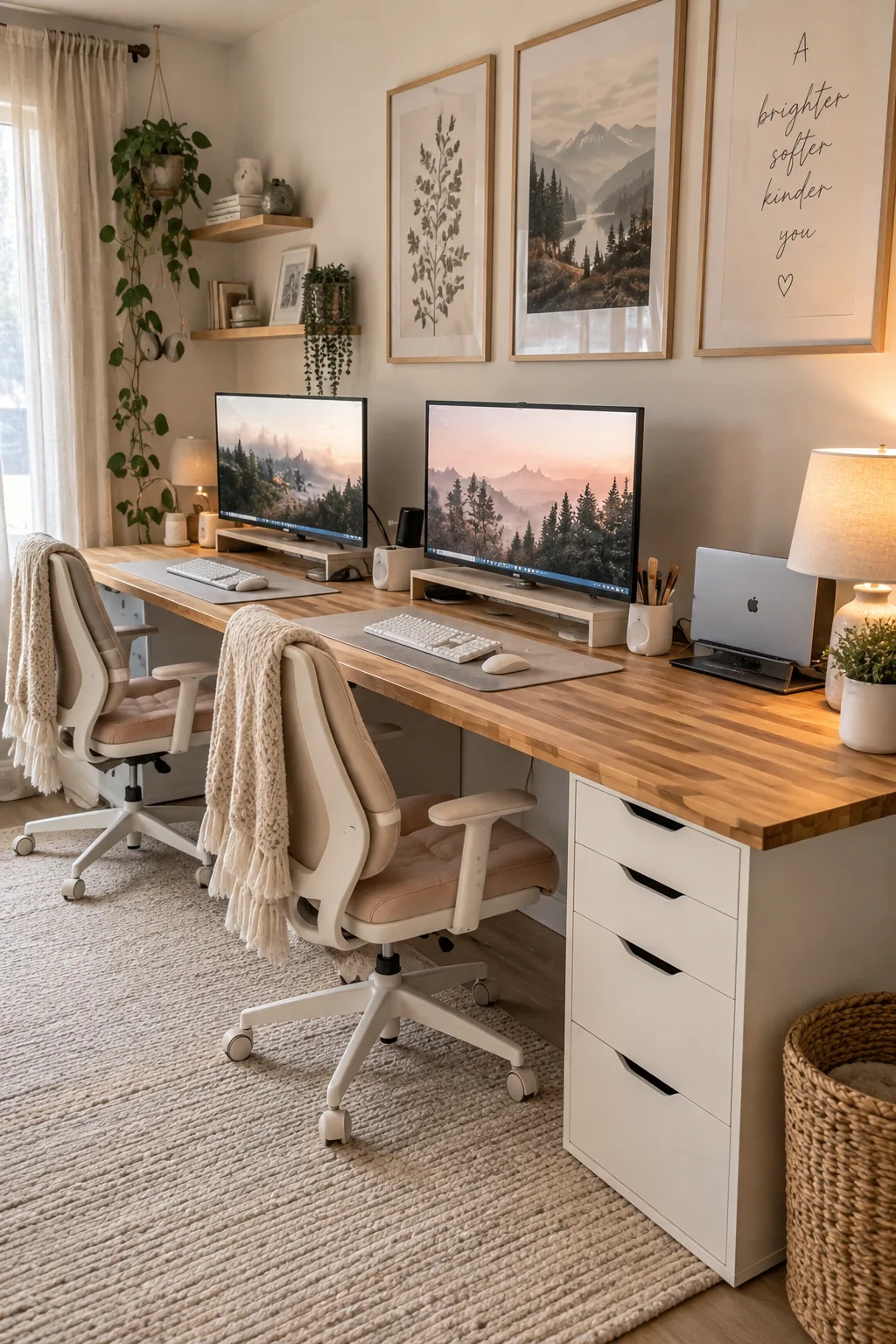 Long butcher block desk resting on two black filing cabinets
