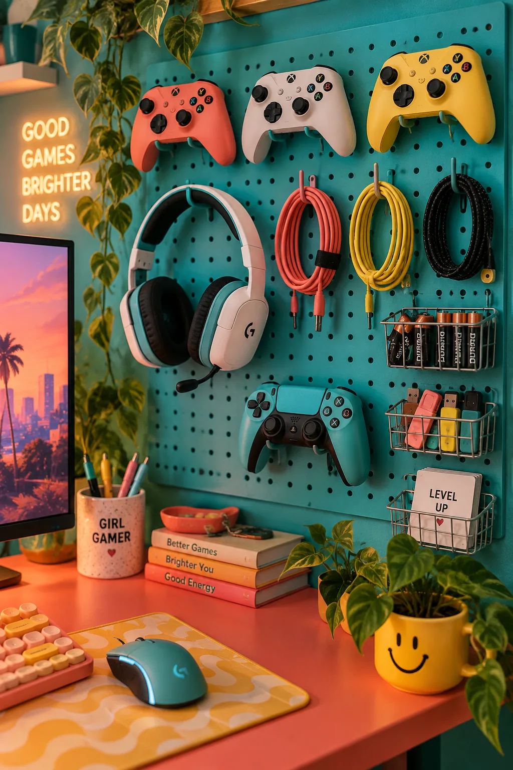 Painted pegboard holding gaming controllers and a headset