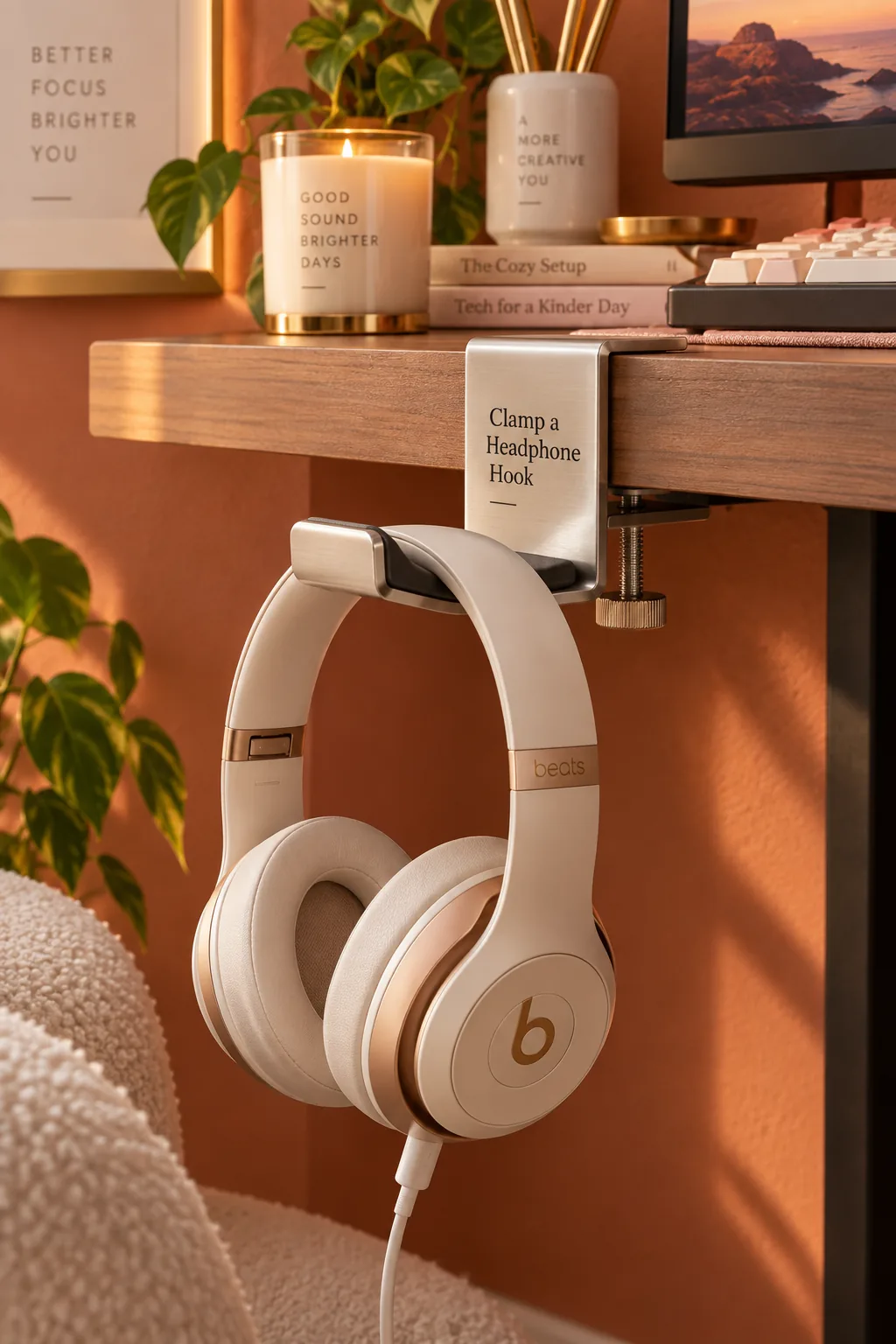 Aluminum headphone hook clamped to the edge of a desk