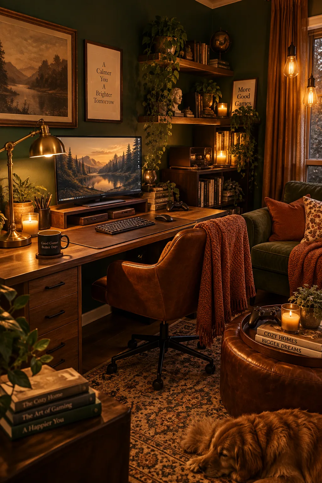 Gaming desk styled with a vintage brass lamp and leather desk mat