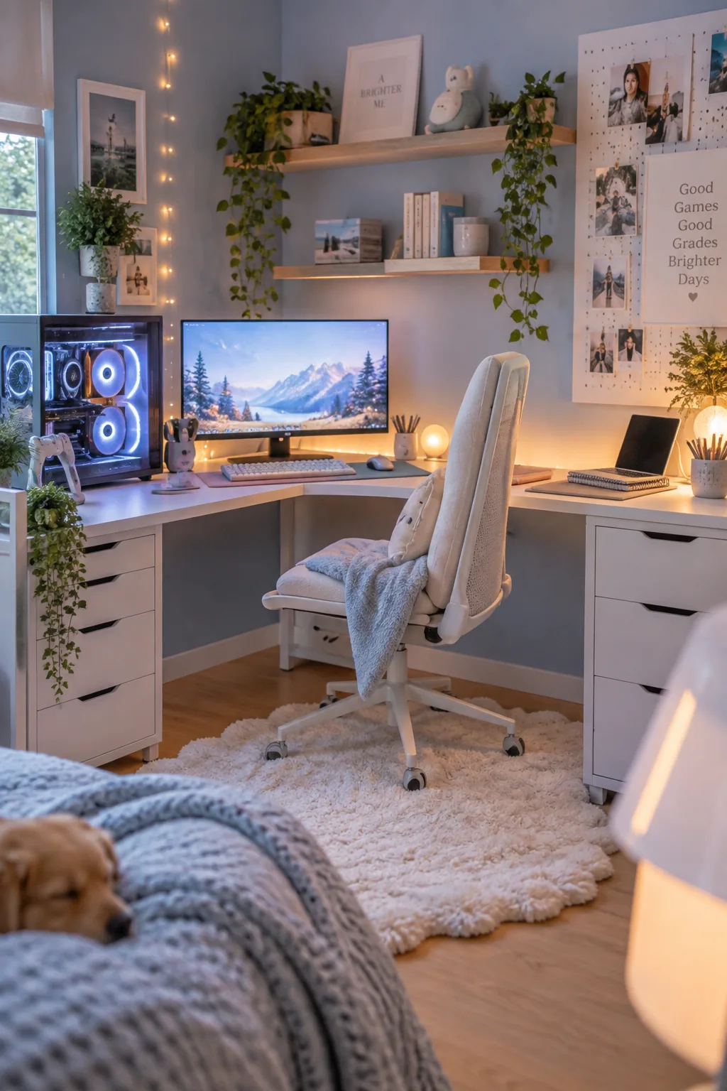 L-shaped gaming desk tucked into the corner of a bedroom