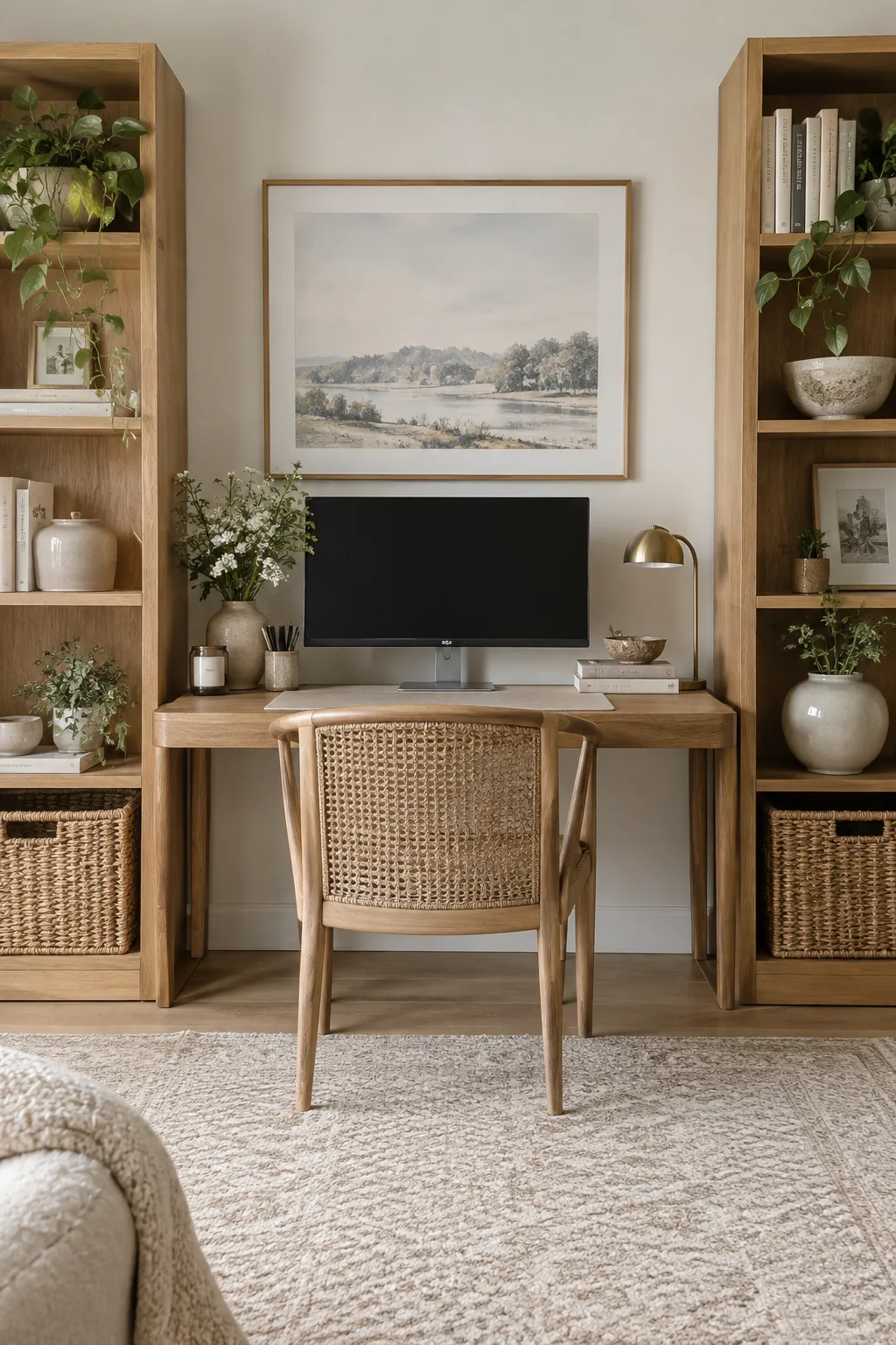 Gaming desk framed perfectly by two matching tall bookshelves