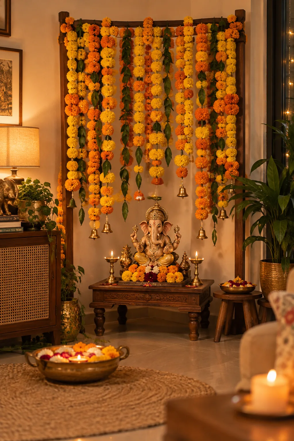 Yellow marigold strings hanging from a wooden frame with brass bells
