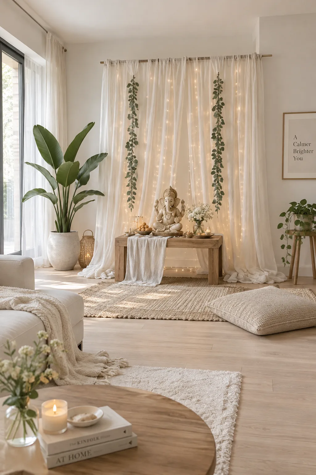 Sheer fabric draped over a tension rod with fairy lights behind it