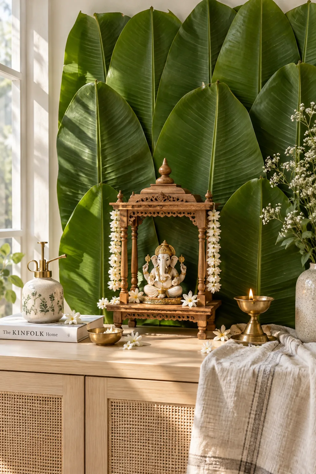 Fresh banana leaves pinned to a board behind a Ganpati idol