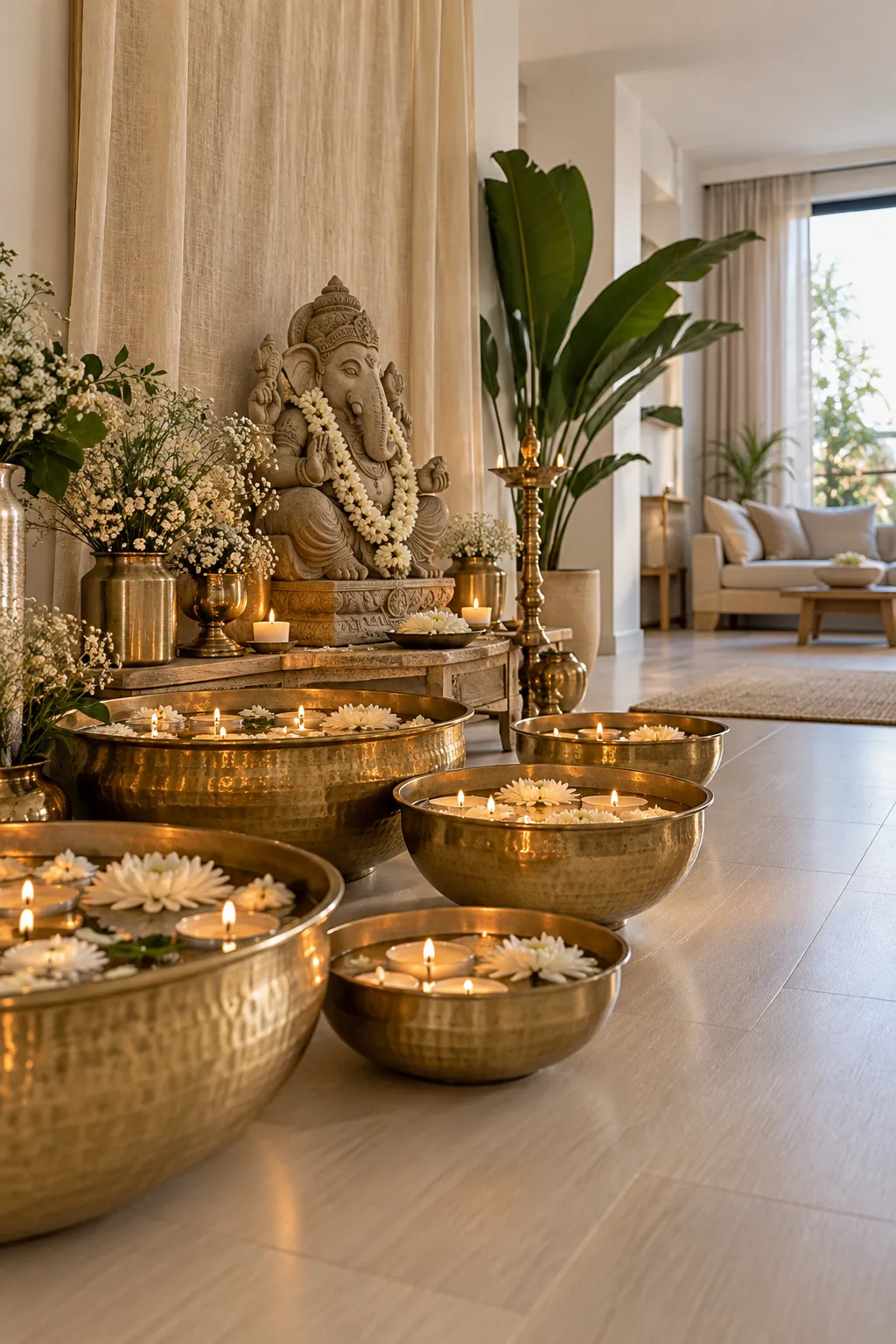Brass urlis filled with water and lit floating candles on the floor