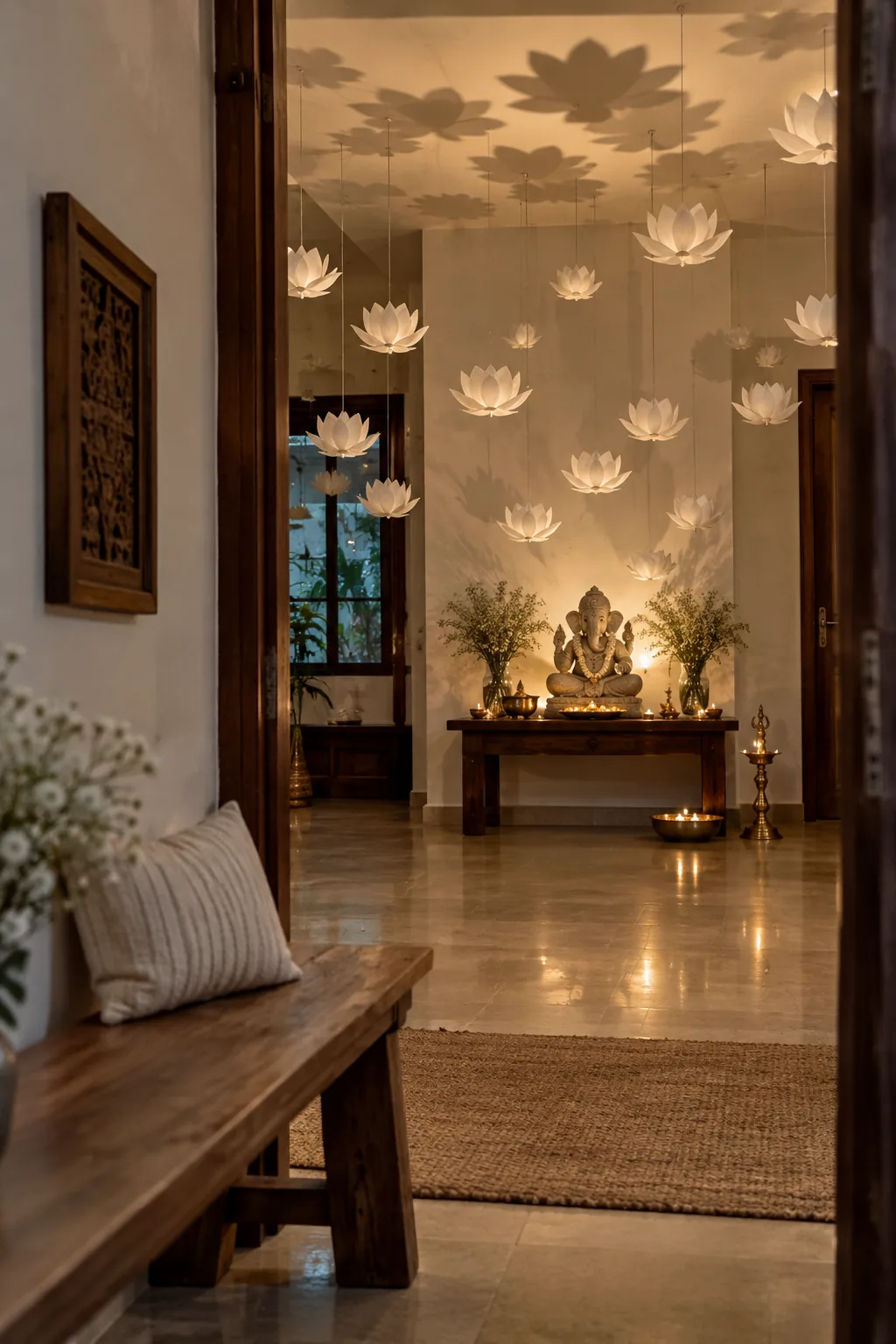 Paper lotus flowers suspended from the ceiling on clear string