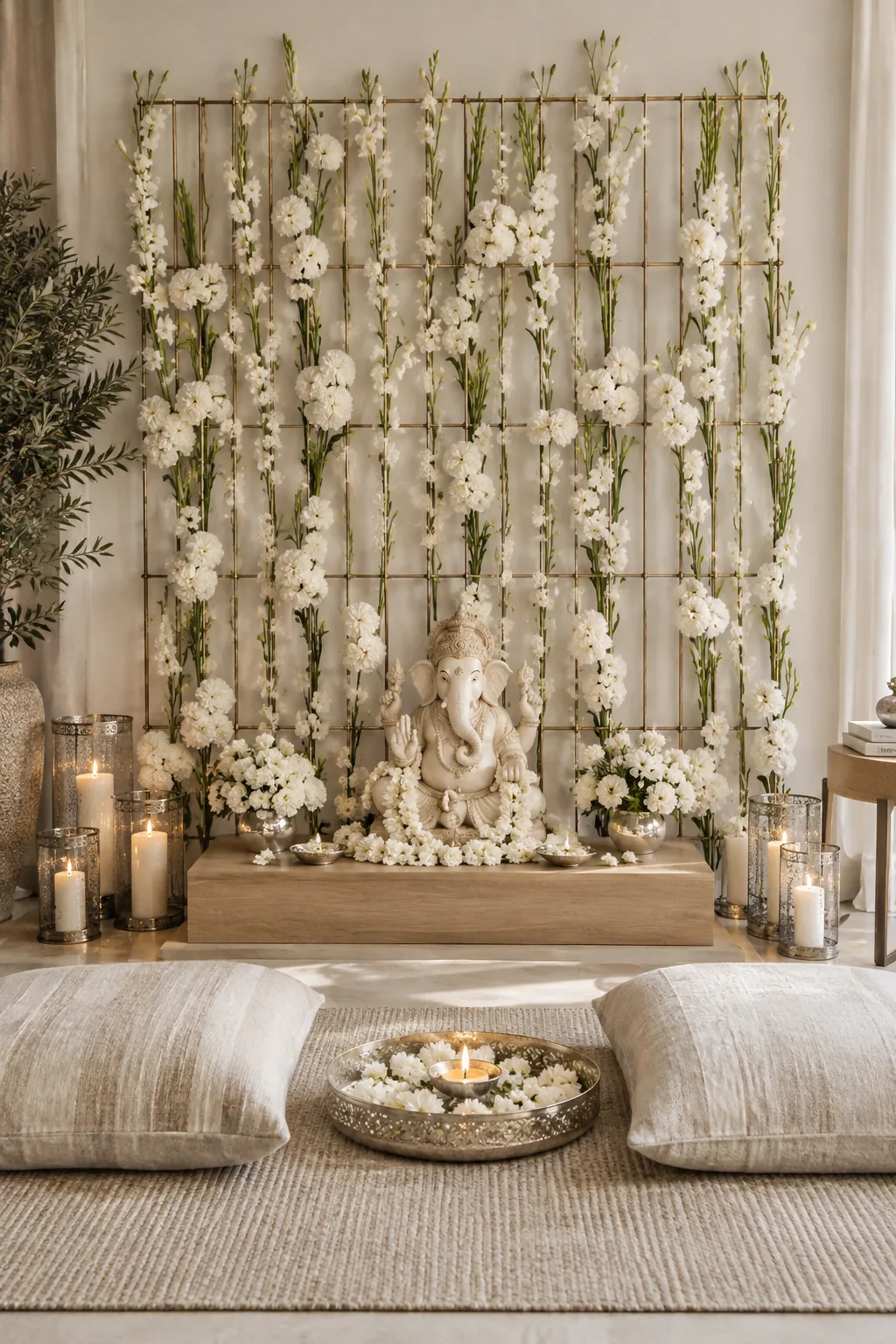 All-white floral arrangement on a metal grid behind a Ganpati idol