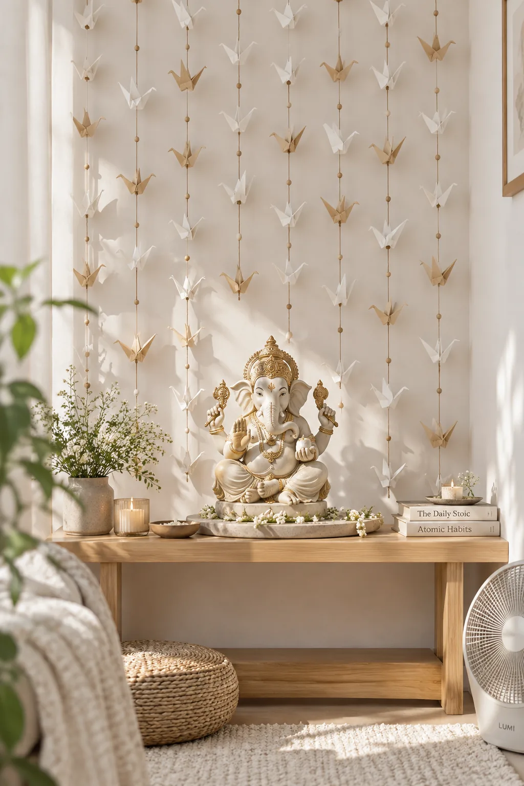 Vertical strings of paper origami cranes hanging as a curtain