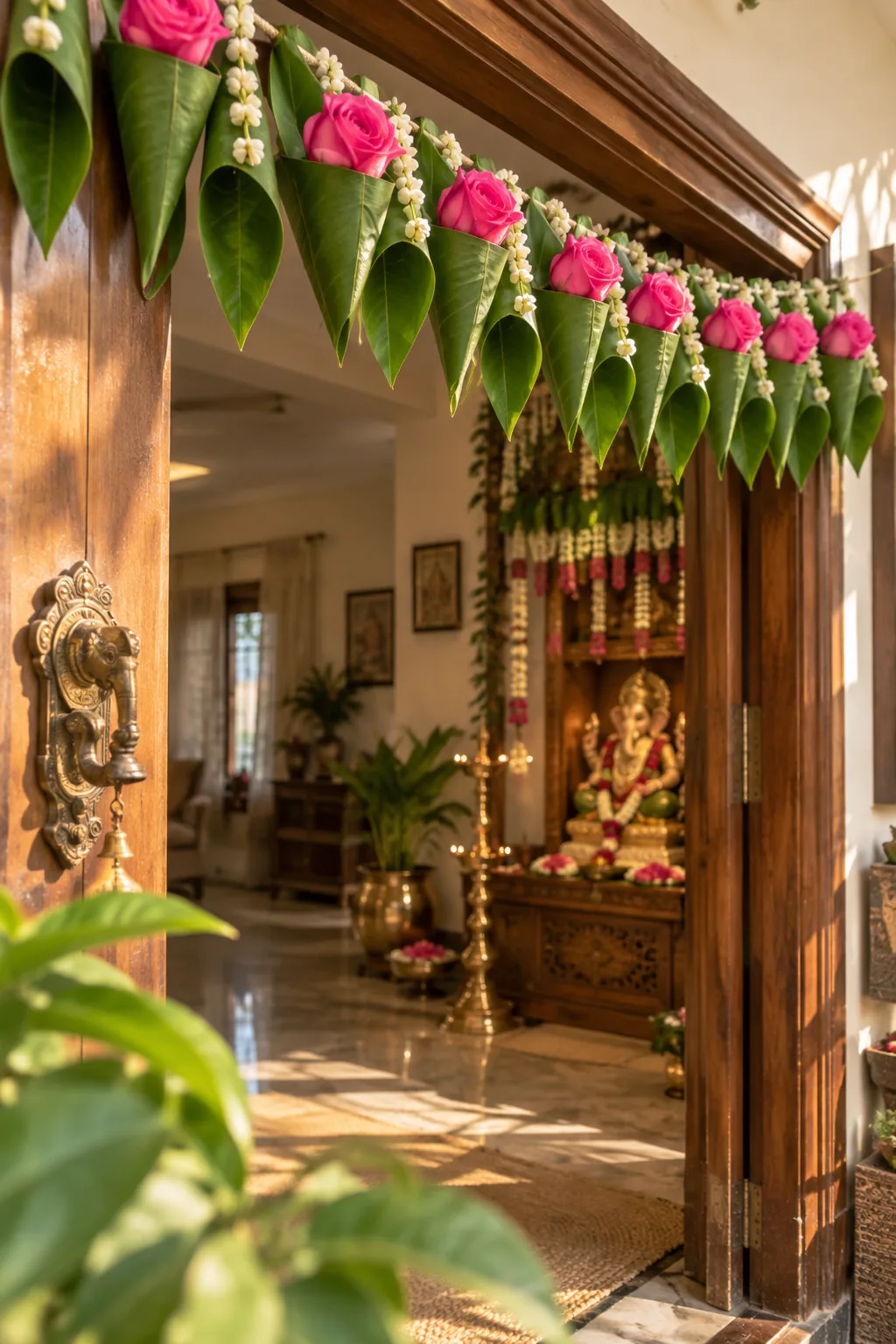 Mango leaves folded into cones and strung together with pink roses