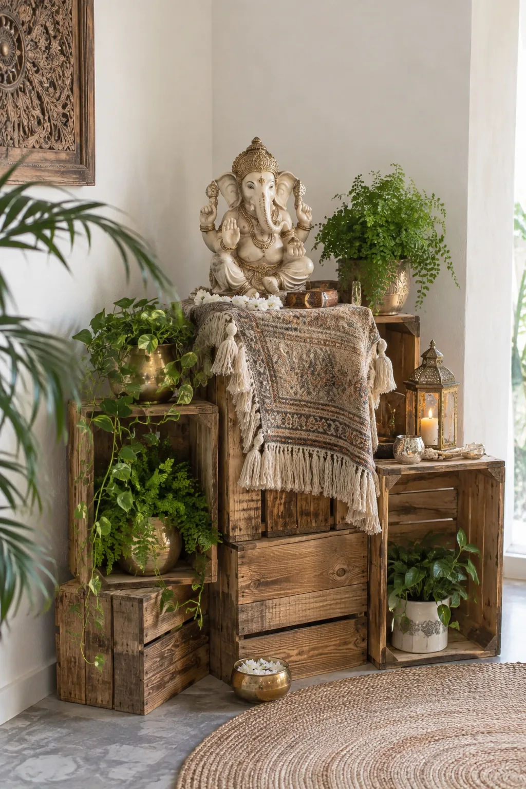 Wooden crates stacked unevenly to form a rustic pedestal