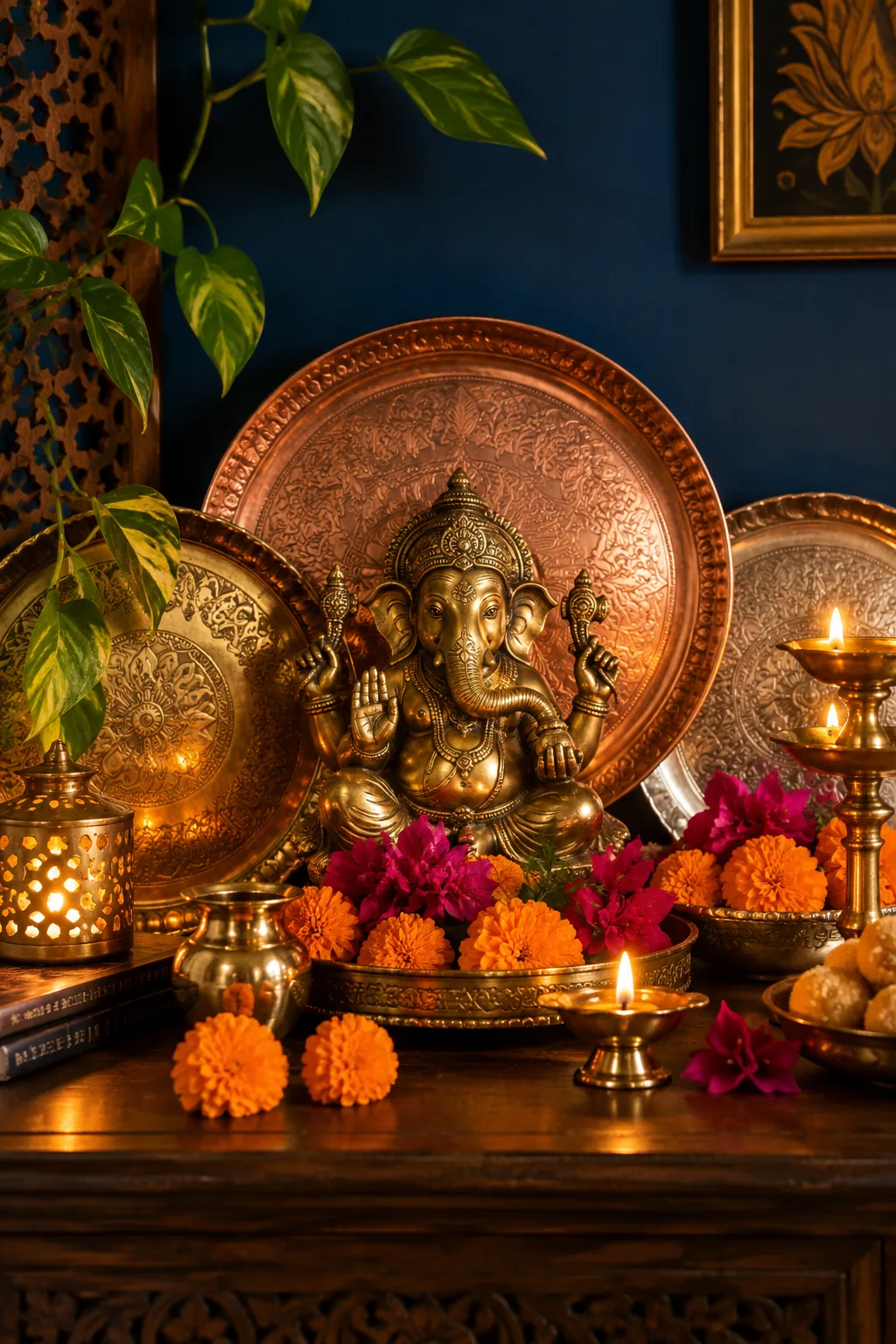 Mixed metal puja thalis attached to a dark wall behind an idol