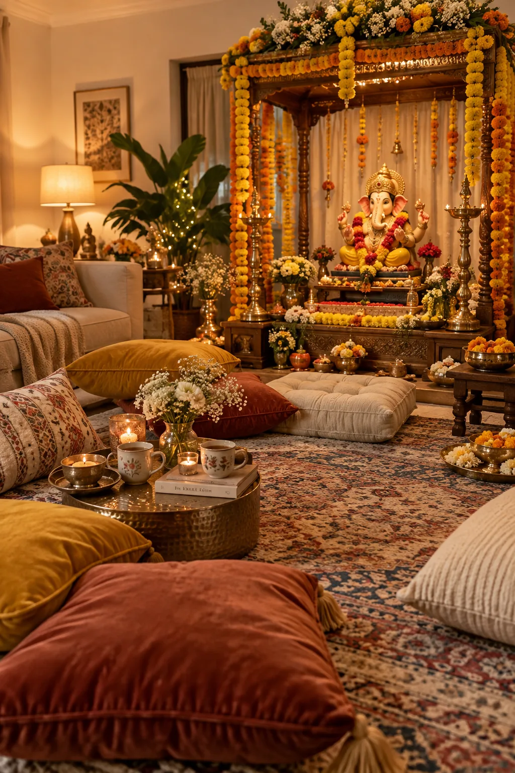 Oversized velvet and cotton floor cushions piled around a mandap