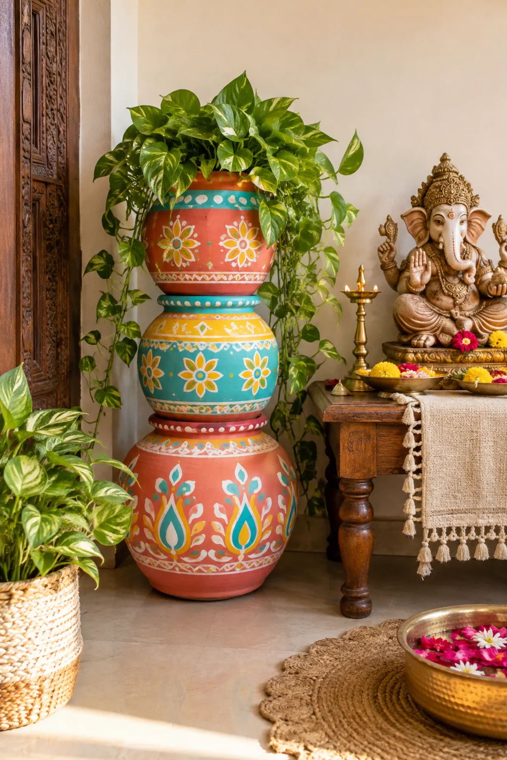 Stacked painted earthen pots with greenery in the top pot