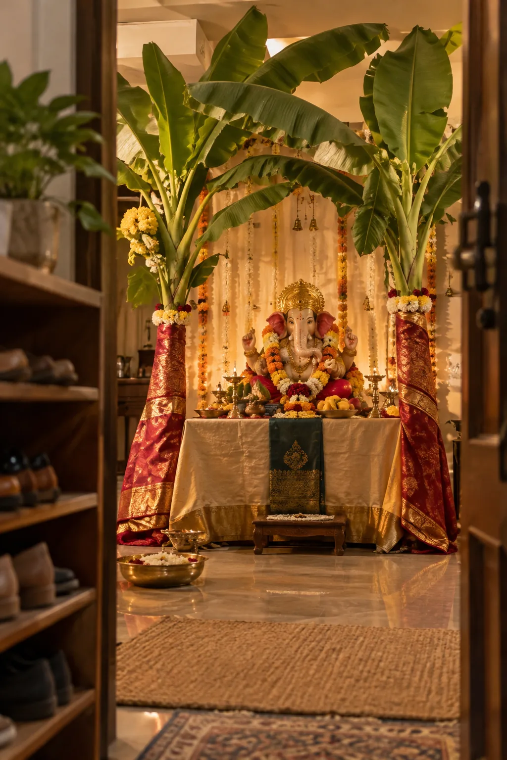Two tall banana trees with red and gold cloth tied around the trunks