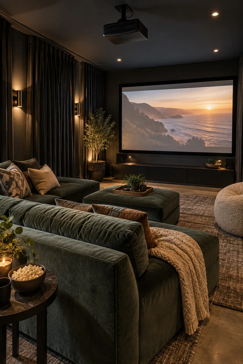 Dark moody home theater in a converted garage with velvet seats and a large screen.