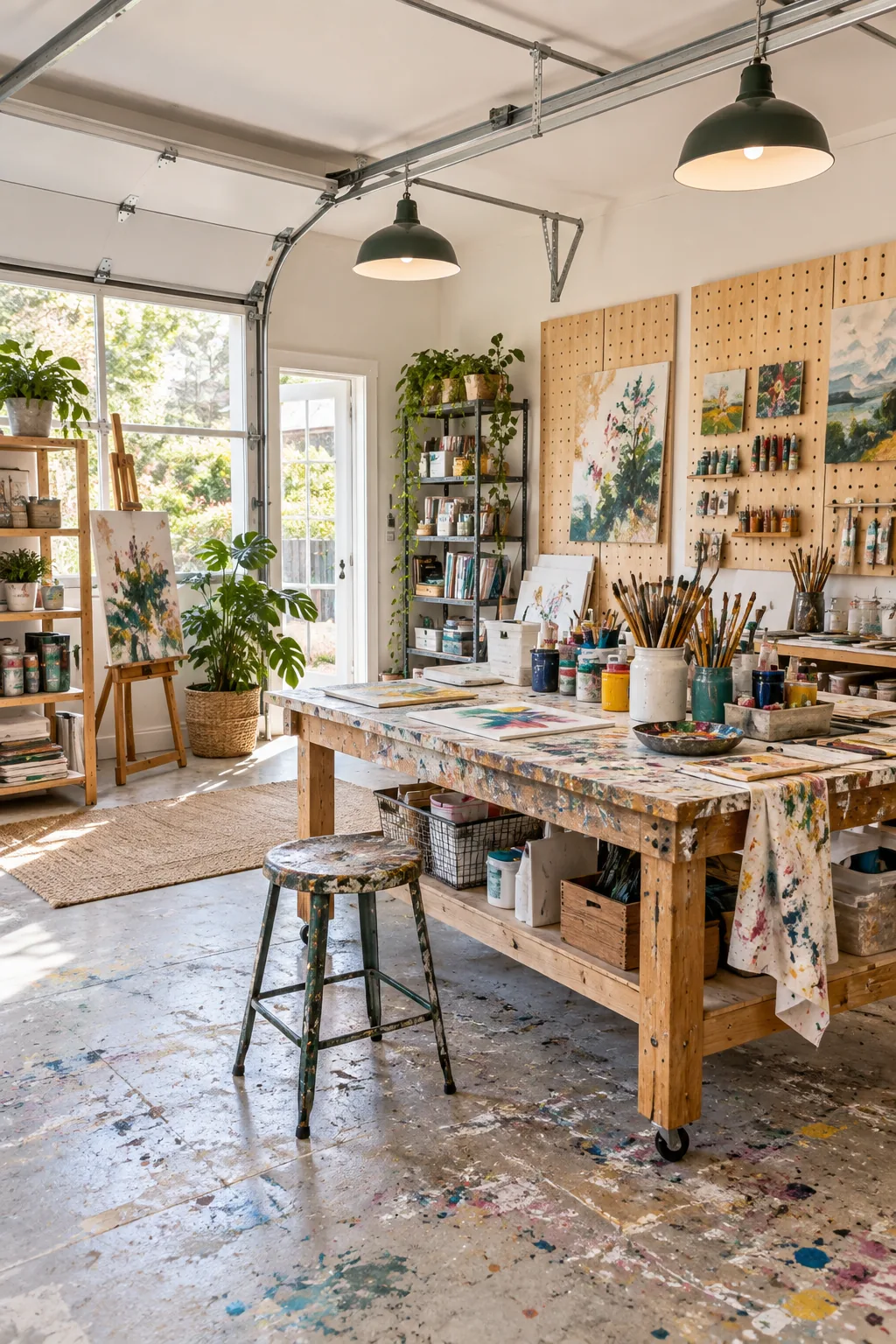 Bright art studio in a converted garage with plywood pegboards and a messy worktable.