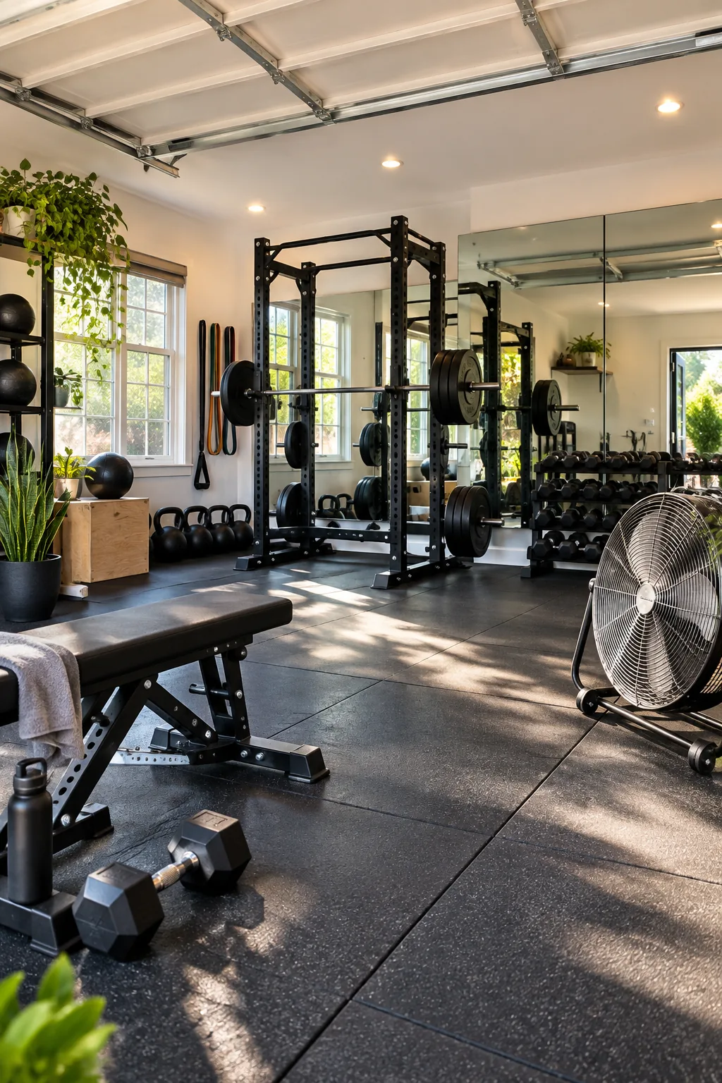 Home gym in a converted garage with rubber flooring, mirrors, and a squat rack.
