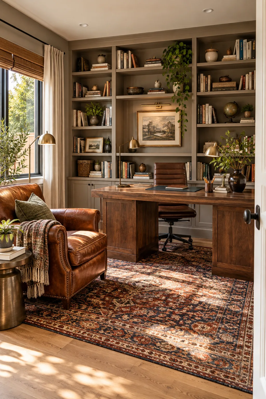 Cozy home office in a converted garage with built-in bookshelves and a walnut desk.