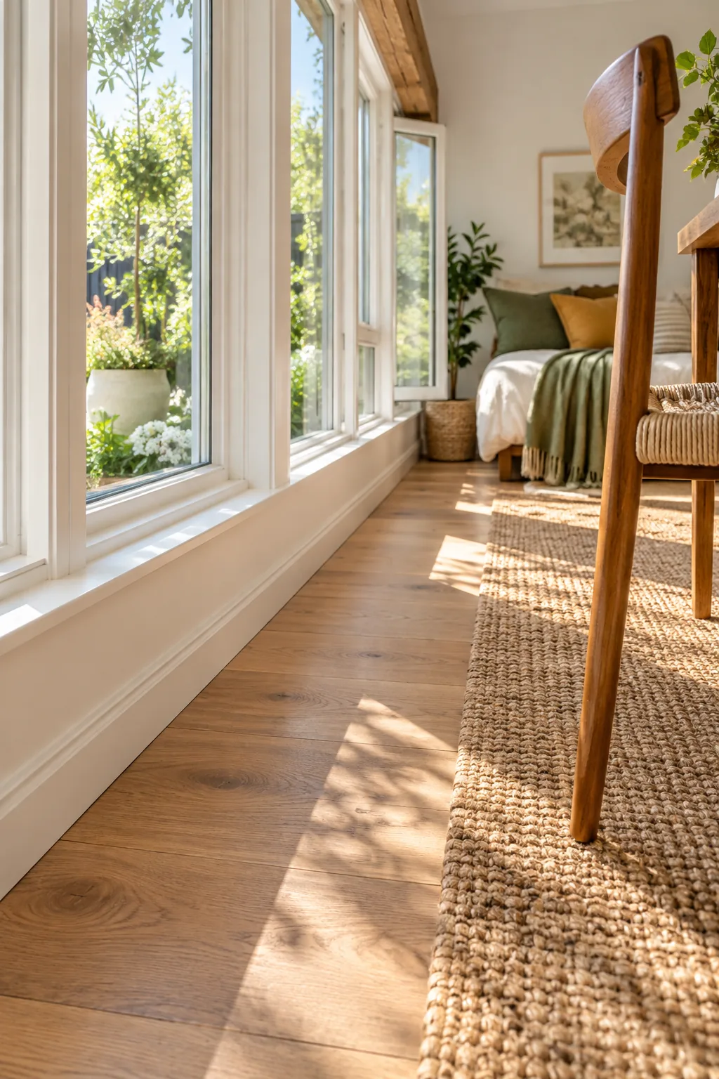 Close-up of a seamless oak wood floor transition running perfectly level through a doorway.