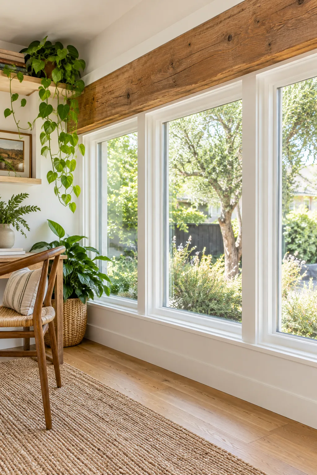 Crisp white baseboard beneath a large window in a bright room with a jute rug on an oak floor.