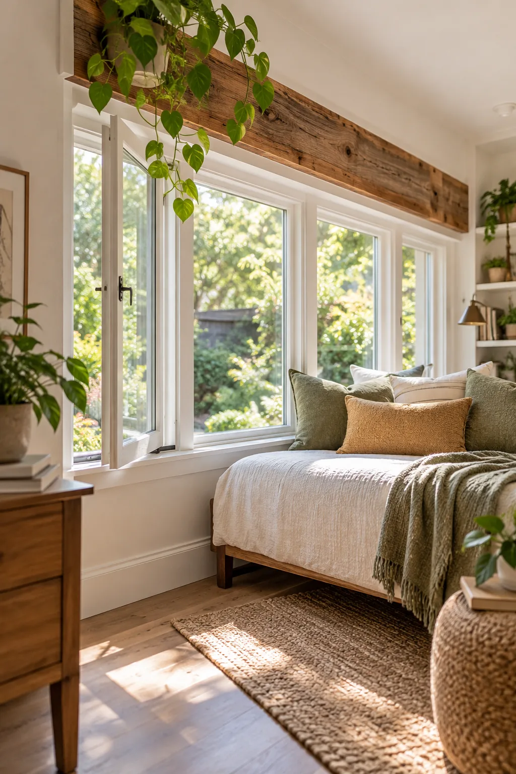 Large rustic wooden header beam exposed above modern white windows in a sunlit room.