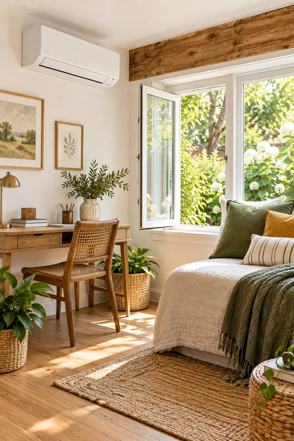 Open white casement window with a low sill next to a daybed with colorful pillows.