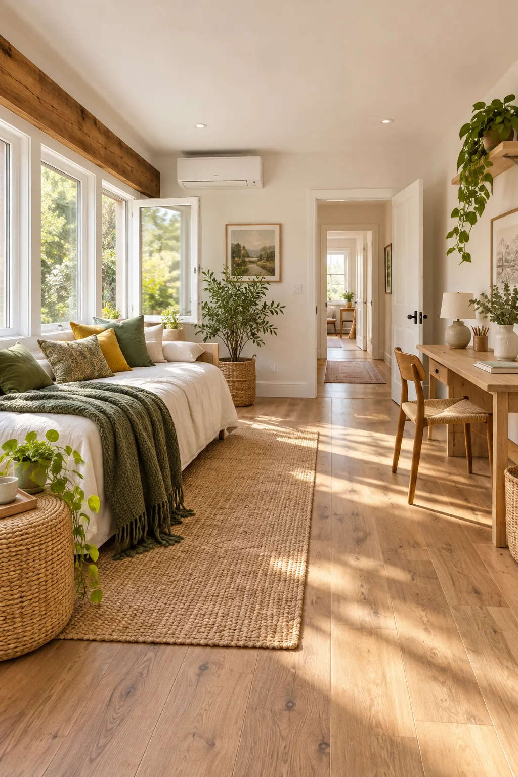 Cozy, fully furnished guest room with a daybed, desk, and warm lighting, formerly a garage.