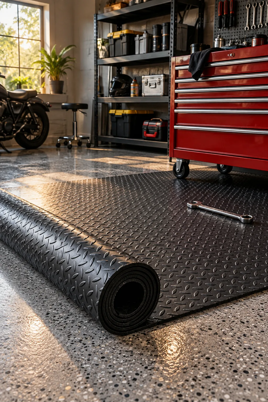 Clean garage floor with a shiny gray epoxy coating.