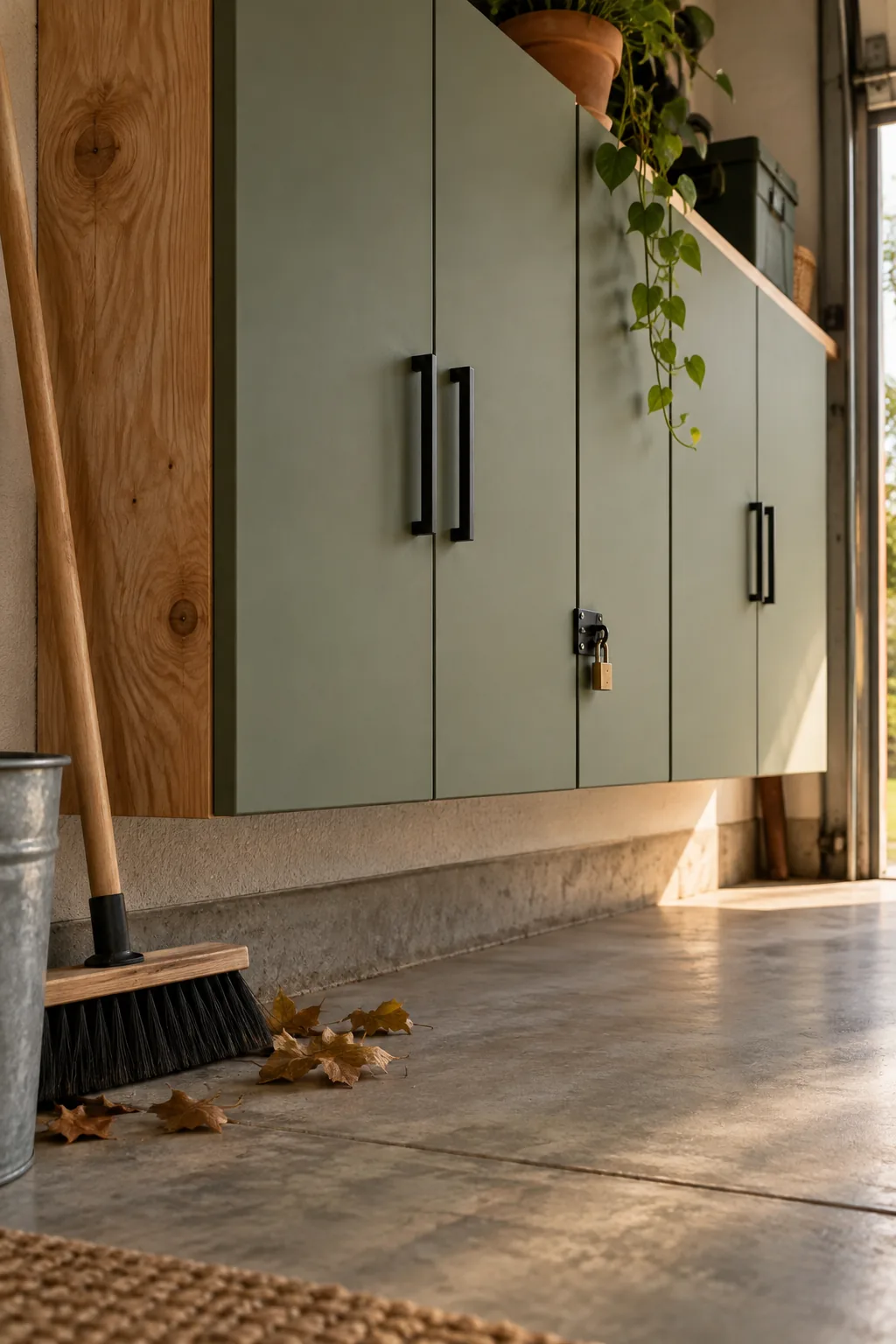 Sleek wall-mounted storage cabinets hovering slightly above a concrete garage floor.