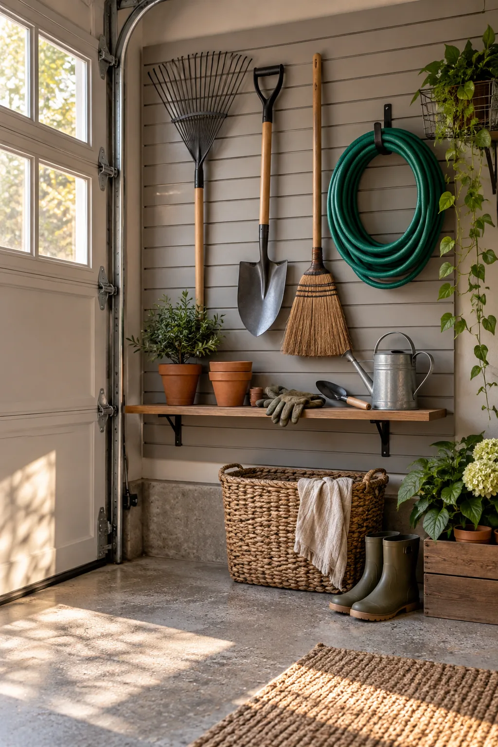 Slatwall panel system holding garden rakes, shovels, and a coiled hose.