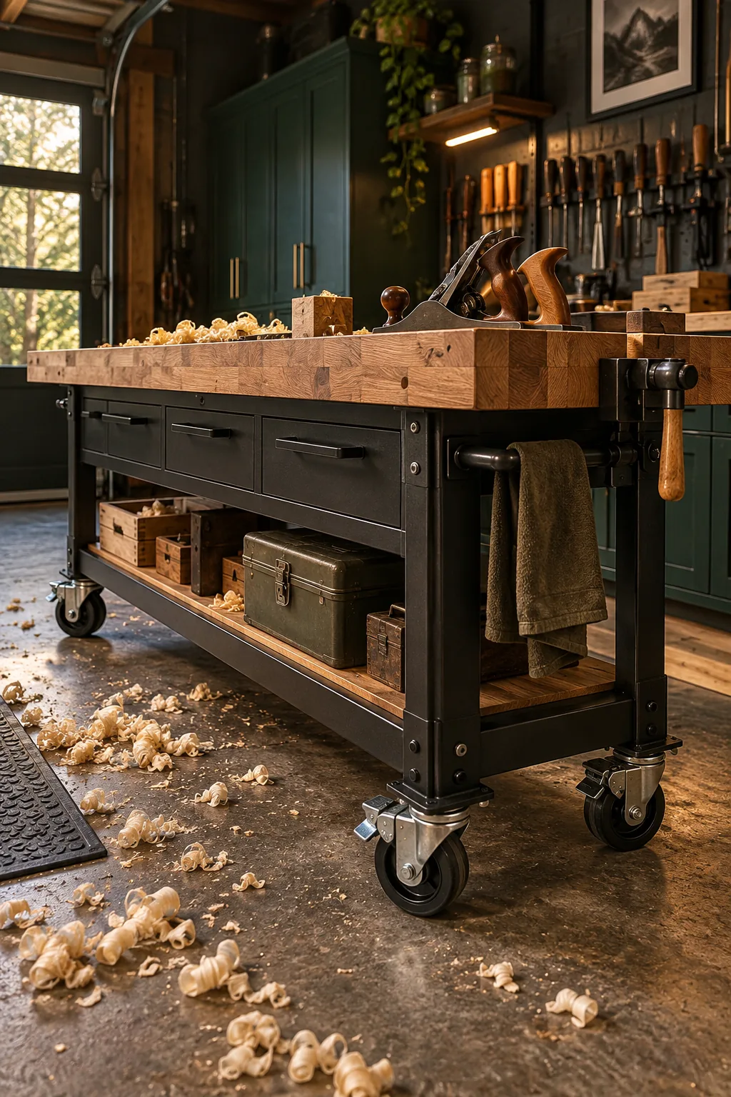 Wooden workbench with a butcher block top on heavy-duty caster wheels.