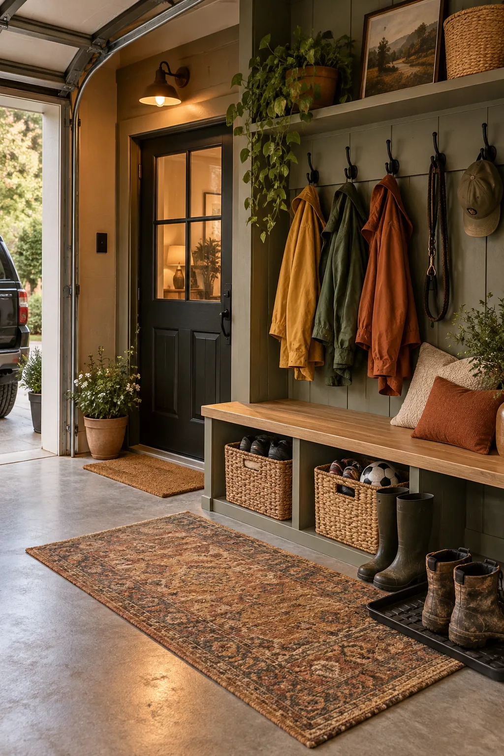 Wooden bench with coat hooks and woven baskets set up near a garage entry door.