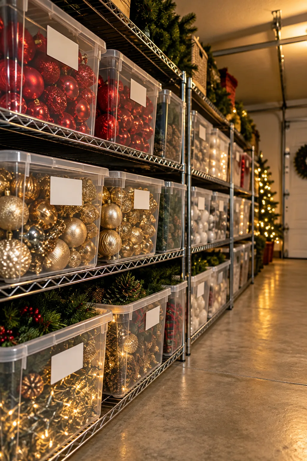 Heavy-duty wire shelving loaded with neatly stacked clear plastic storage bins.