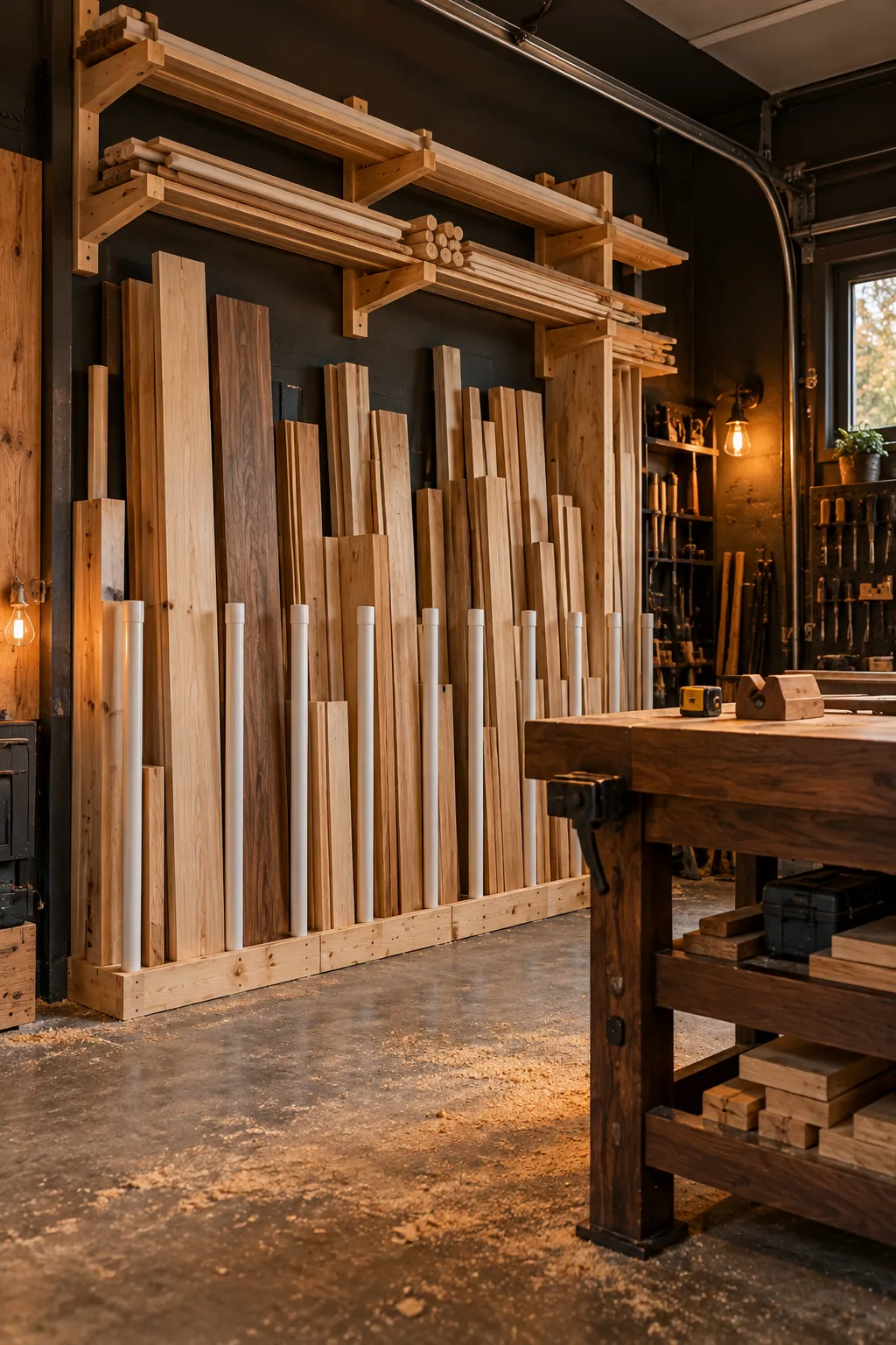 Vertical wooden rack holding various lengths of lumber and PVC pipes.