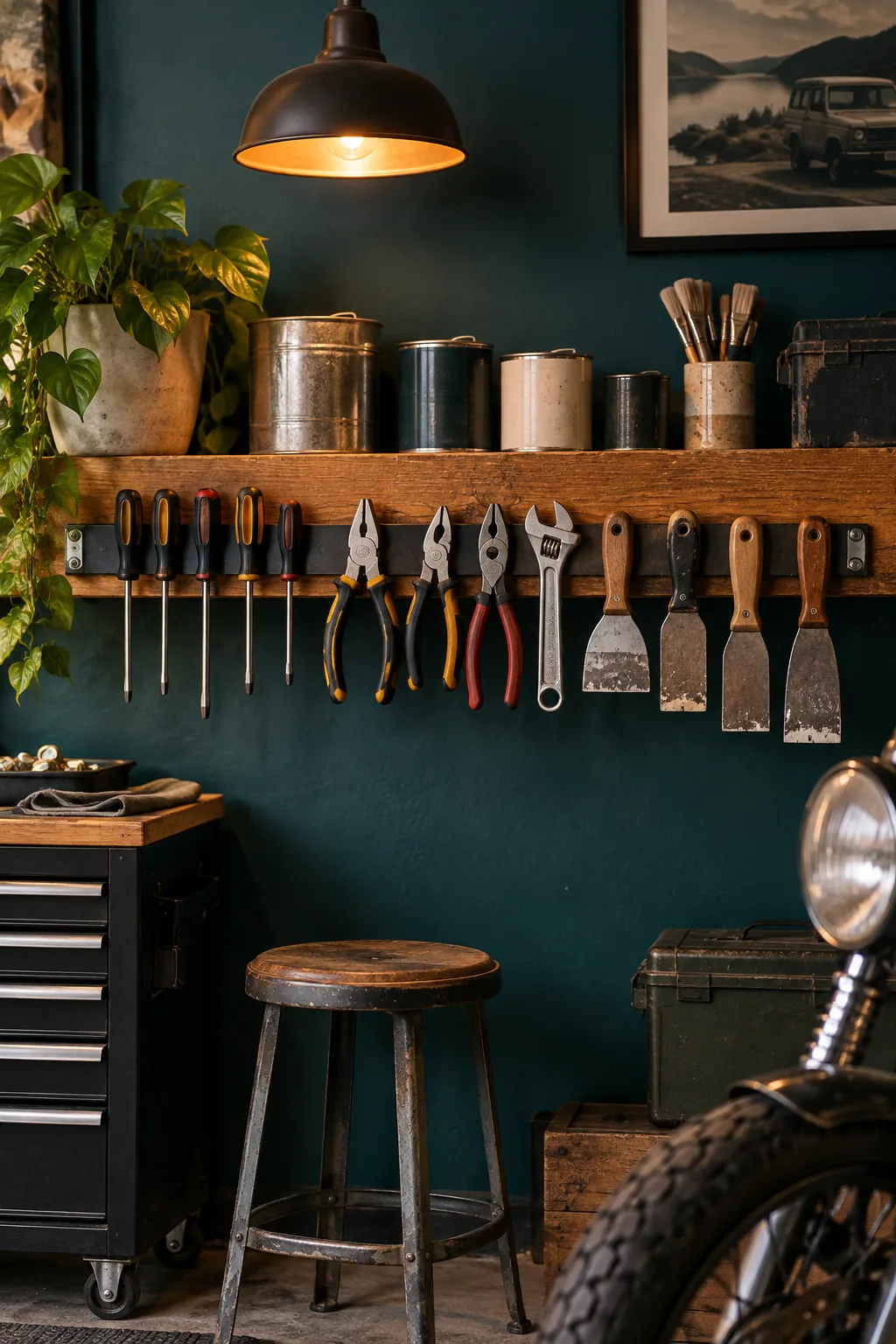 Magnetic strips attached to a shelf holding screwdrivers, pliers, and wrenches.