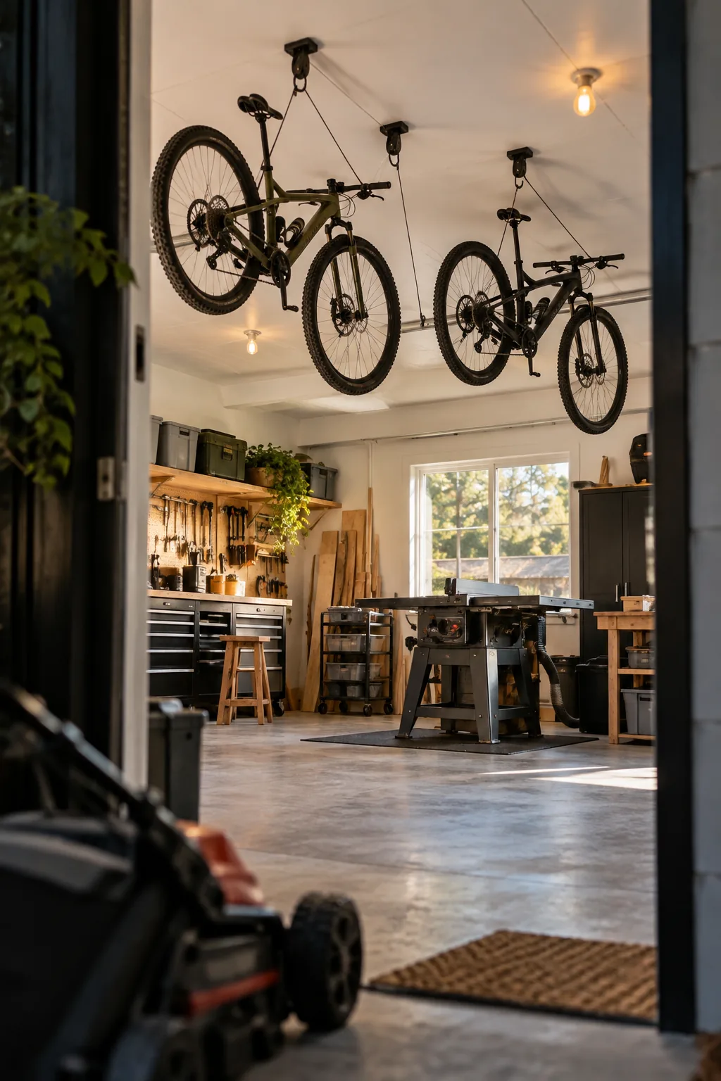 Mountain bike suspended from the garage ceiling using a rope and pulley system.