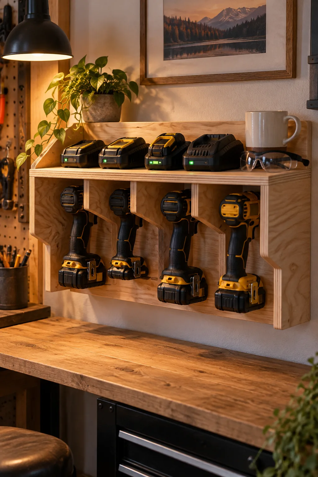 Plywood shelf holding cordless drills underneath and battery chargers on top.