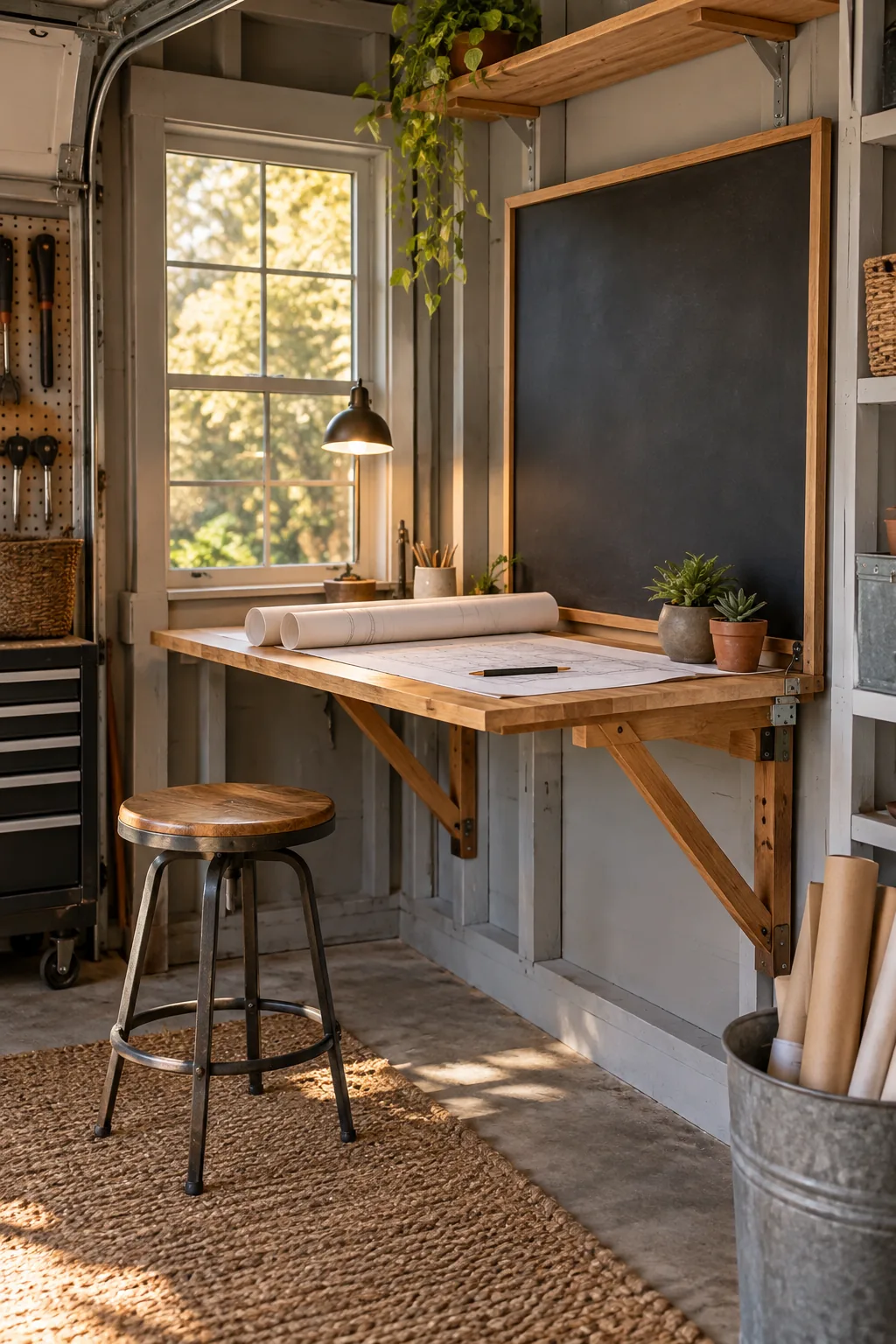 Wooden drop-leaf desk folded out from a garage wall.