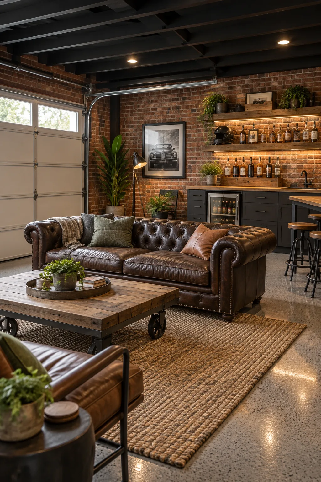 An industrial rustic garage lounge with exposed brick and a dark leather chesterfield sofa.