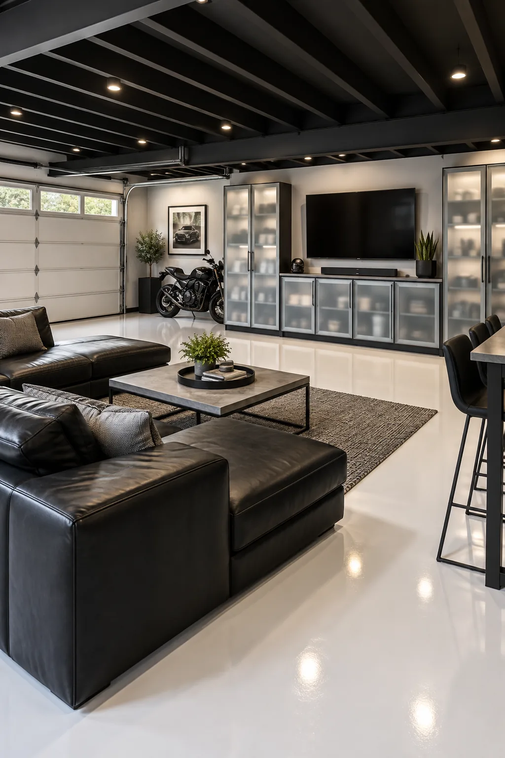 A sleek modern garage lounge with a white floor and black leather sectional.