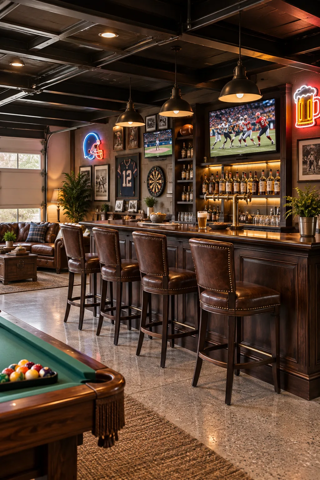 A garage converted into a sports pub with a mahogany bar and neon signs.