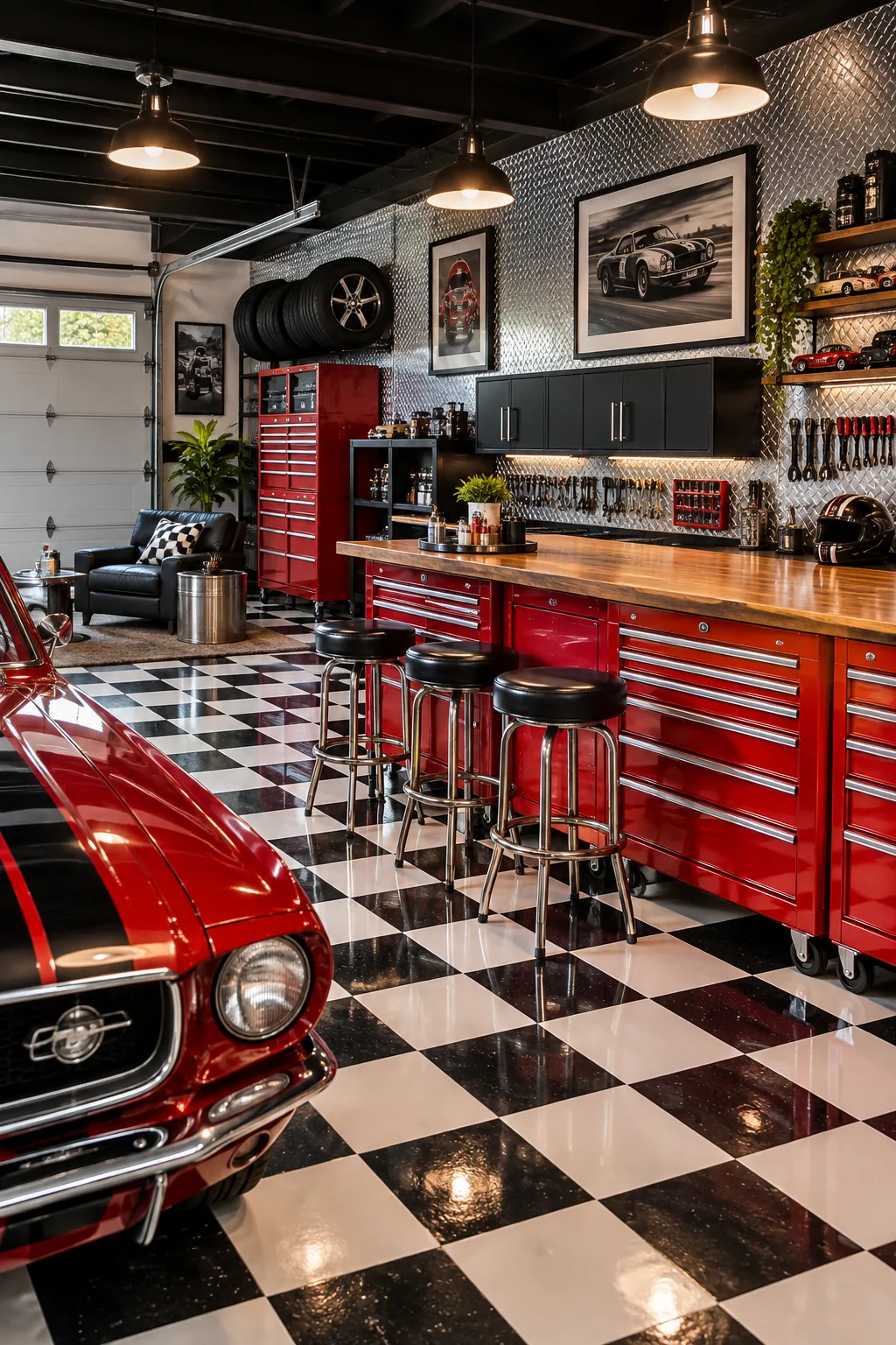 An auto enthusiast garage lounge with a checkerboard floor and red tool chests.