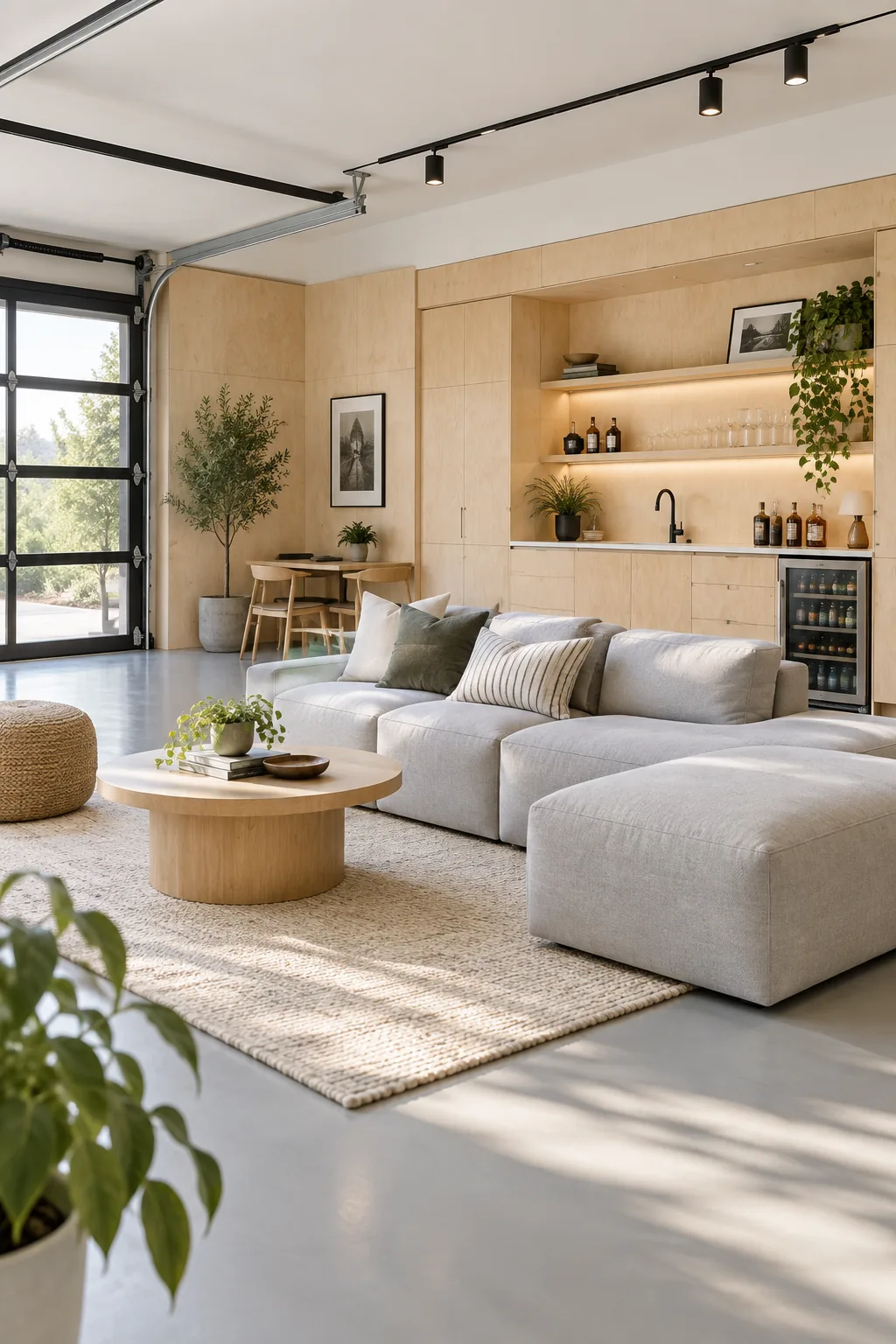 A Scandi-inspired garage studio with pale gray floors and birch plywood cabinets.