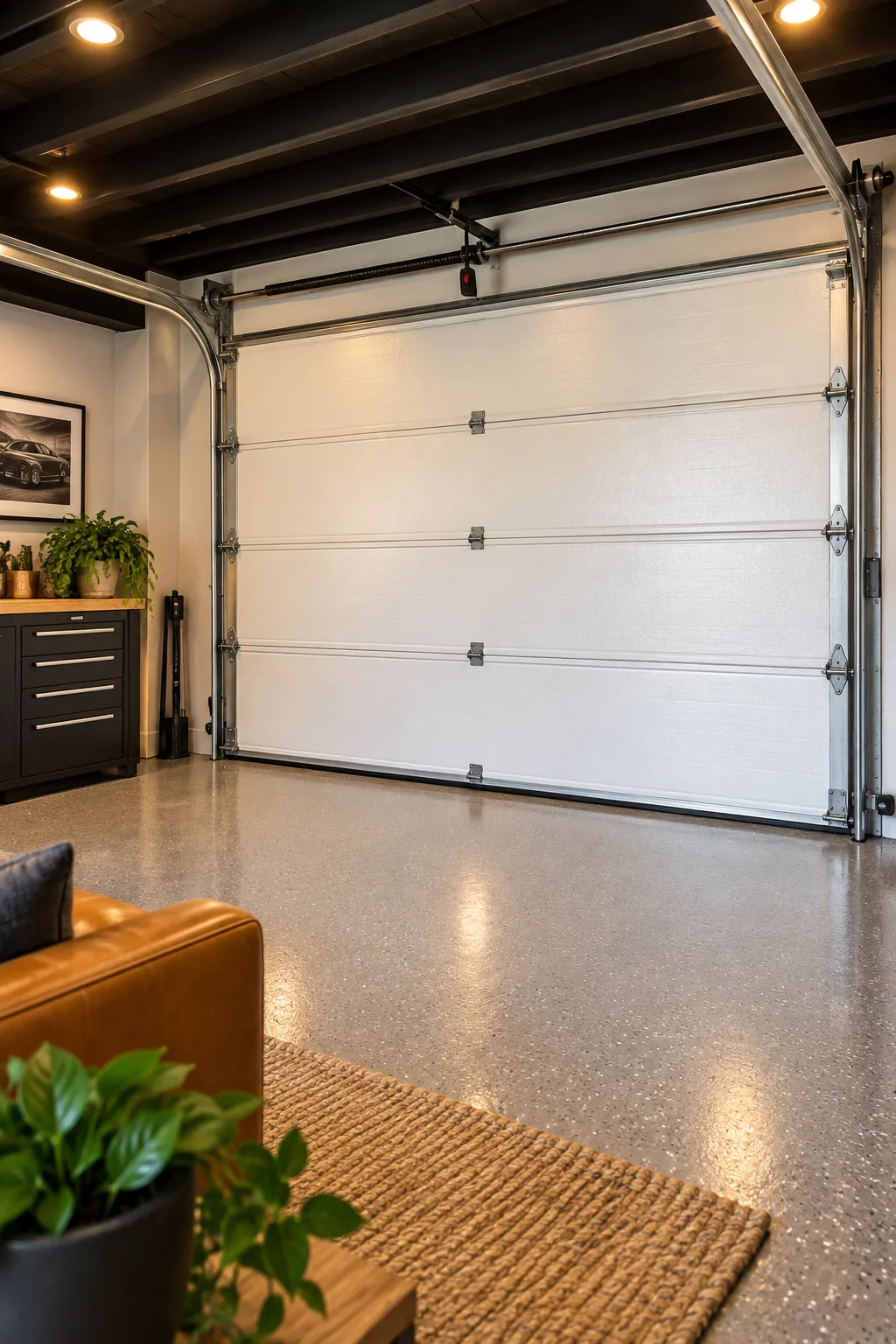 Interior view of a closed garage door fitted with white foil-faced insulation panels.
